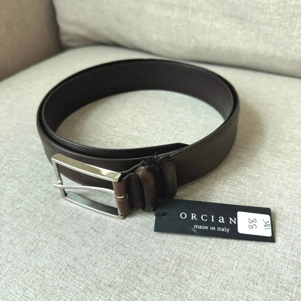 Orciani Basic Saffiano Brown Italian Leather Silver Tone Buckle Belt 205 NEW